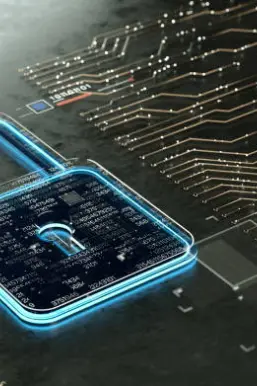 Digital padlock icon on a circuit board representing cybersecurity, data protection, and vulnerability management systems.