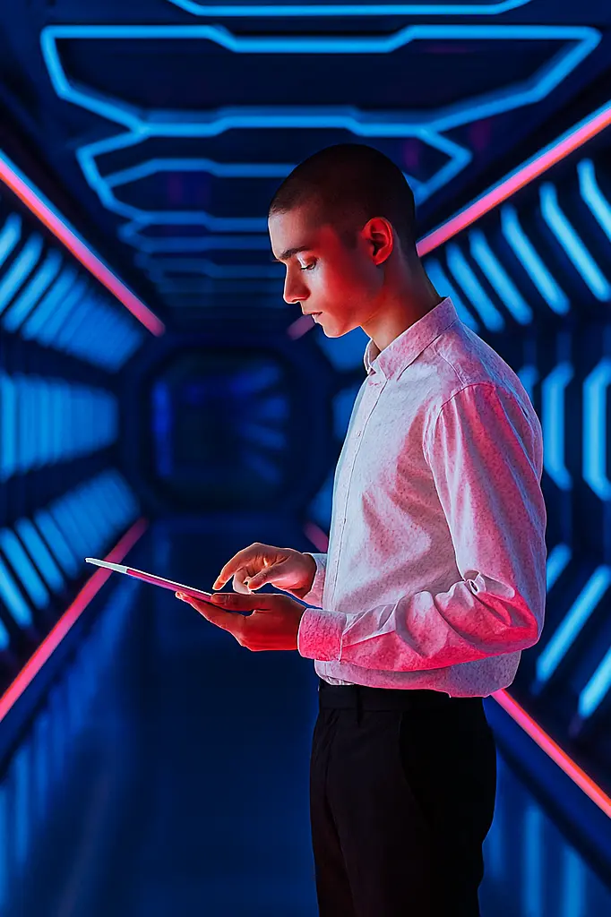 IT professional using a digital tablet in a futuristic data corridor, representing helpdesk support, ERP, and remote IT service tools.