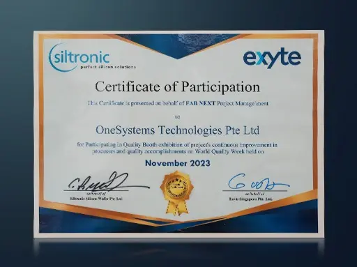 OneSystems Technologies Certificate of Participation presented by Siltronic in 2023