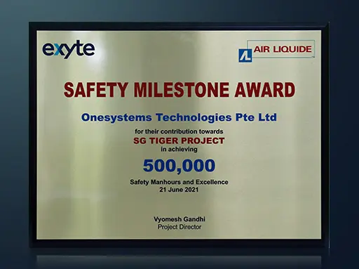 OneSystems Technologies Safety Milestone Award presented by Exyte in 2021