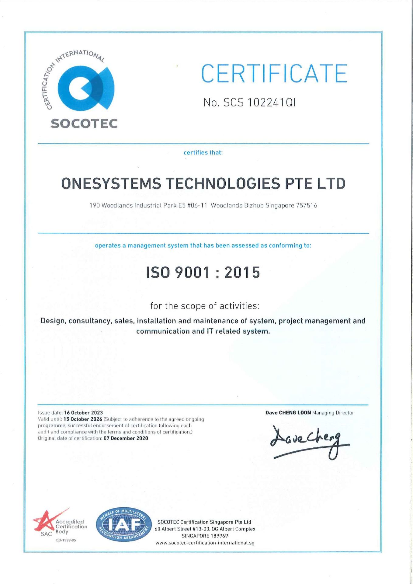 OneSystems Technologies certified with ISO 9001:2015