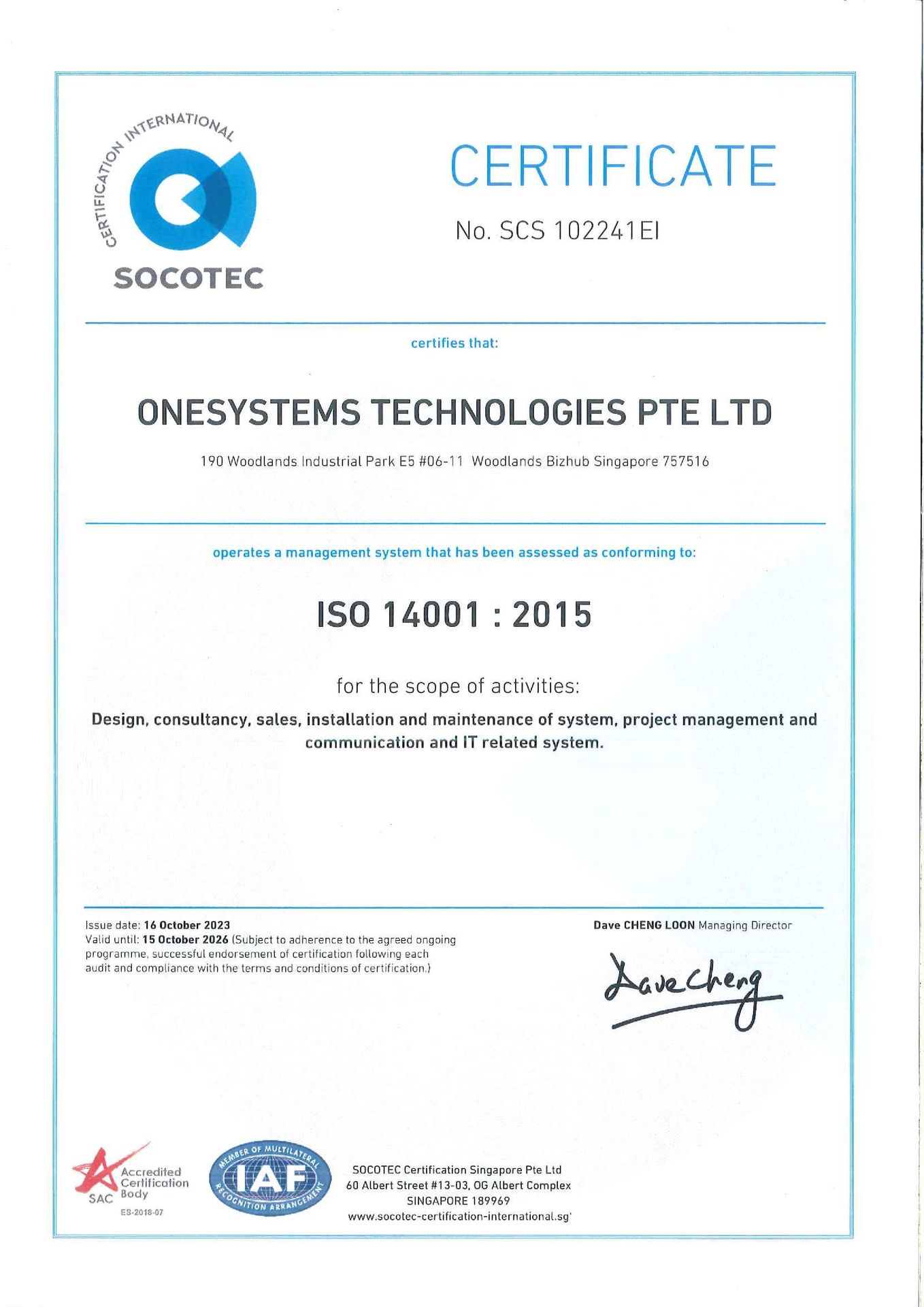 OneSystems Technologies certified with ISO 14001:2015