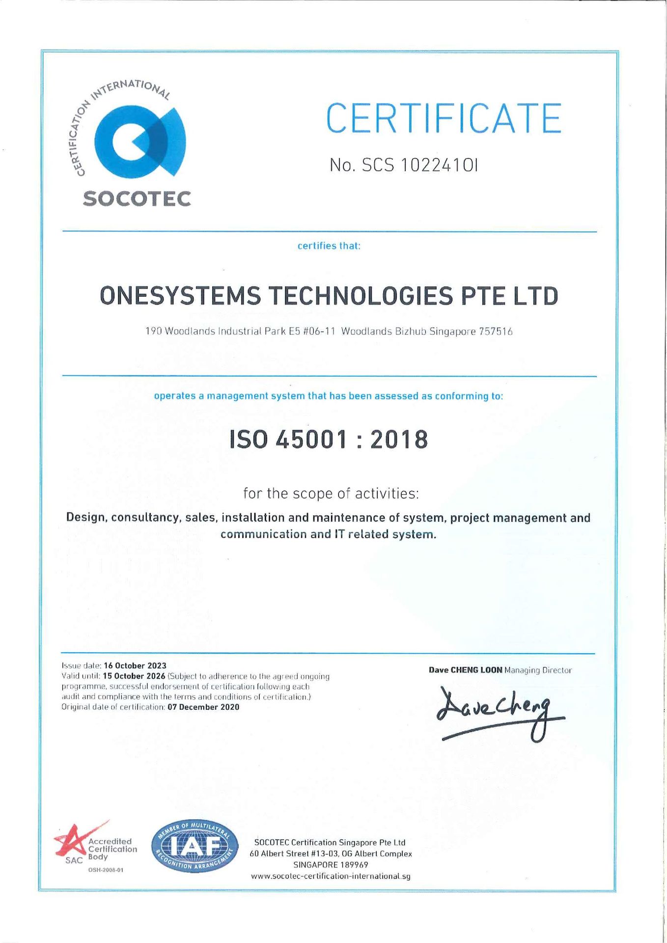 OneSystems Technologies certified with ISO 45001:2018