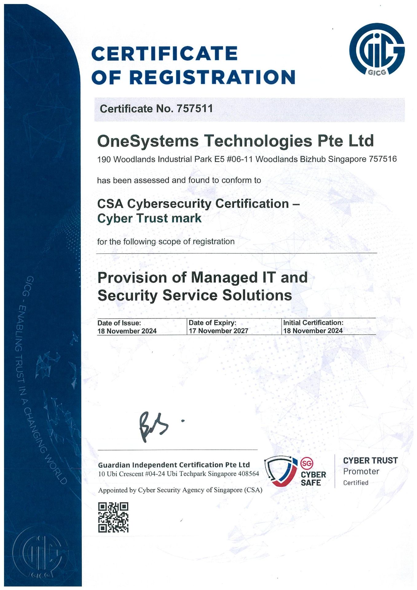 OneSystems Technologies certified as Cyber Safe with Cyber Trust