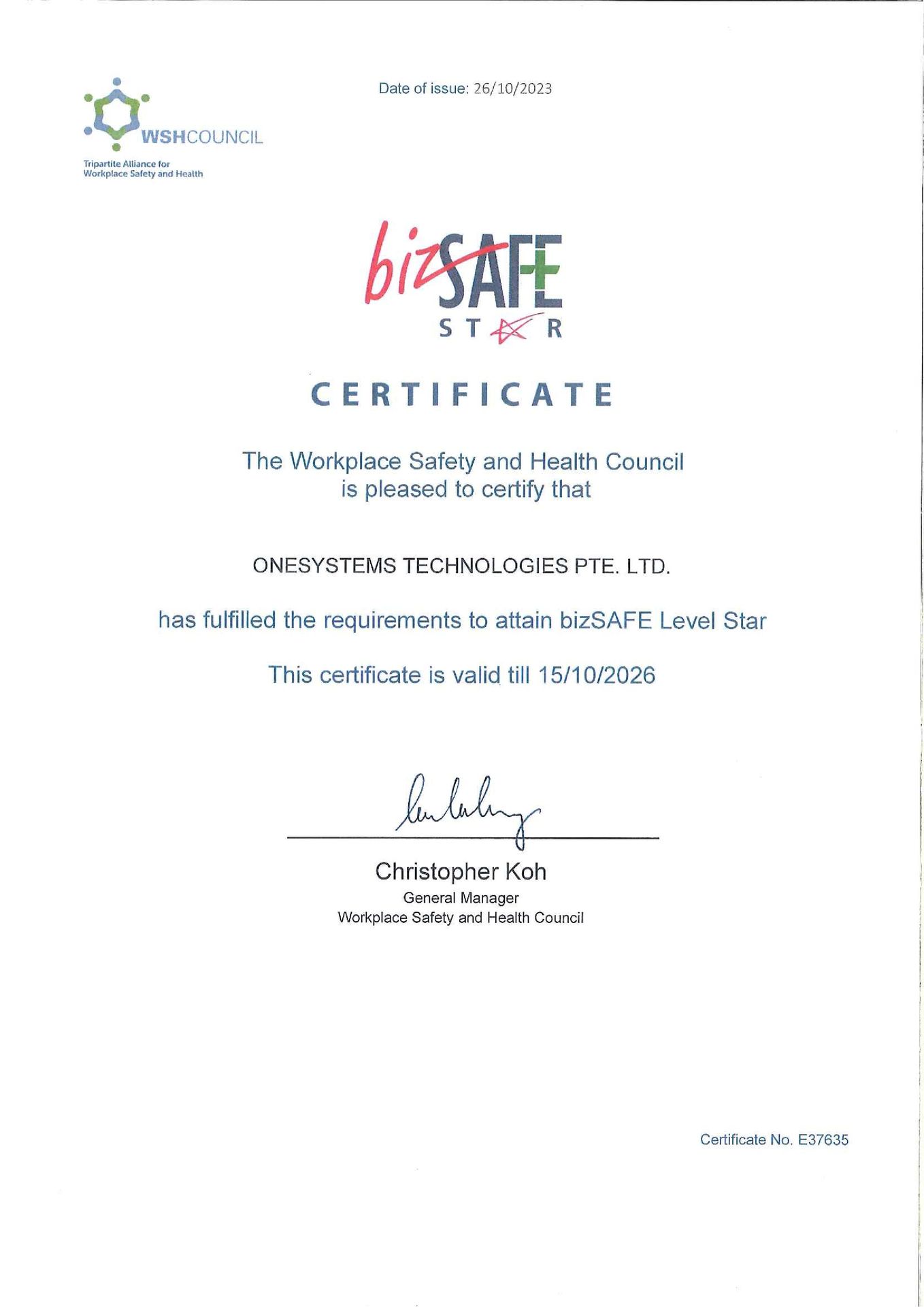 OneSystems Technologies bizSAFE STAR certified by WAH Council