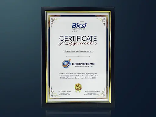 OneSystems Tecchnologies Certificate of Appreciation presented by BICSI SEA in 2026