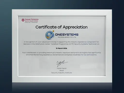 OneSystems Tecchnologies Certificate of Appreciation presented by Temasek Polytechnic in 2026