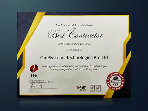 OneSystems Technologies Best Contractor Award awarded by TFE, 2026
