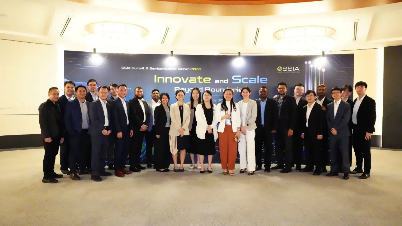 SSIA Summit and Semiconductor Dinner 2026 – Group Photograph Group of attendees posing in front of the SSIA Summit and Semiconductor Dinner 2026 event backdrop featuring the theme Innovate and Scale Beyond Boundaries.