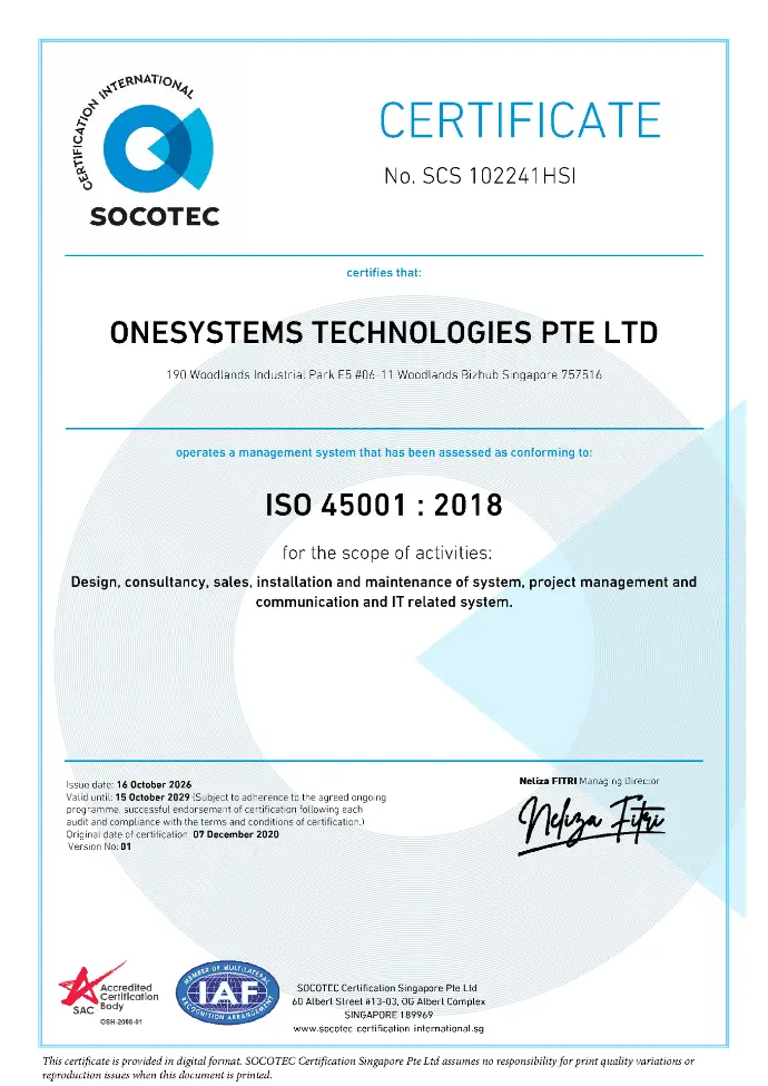 OneSystems Technologies certified with ISO 45001:2018