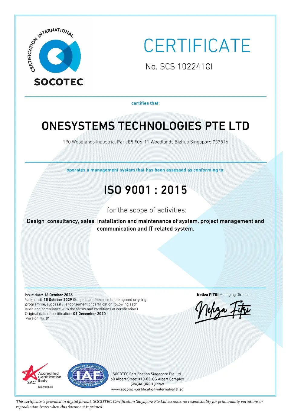 ISO 9001:2015 OneSystems Technologies certified with ISO 9001:2015