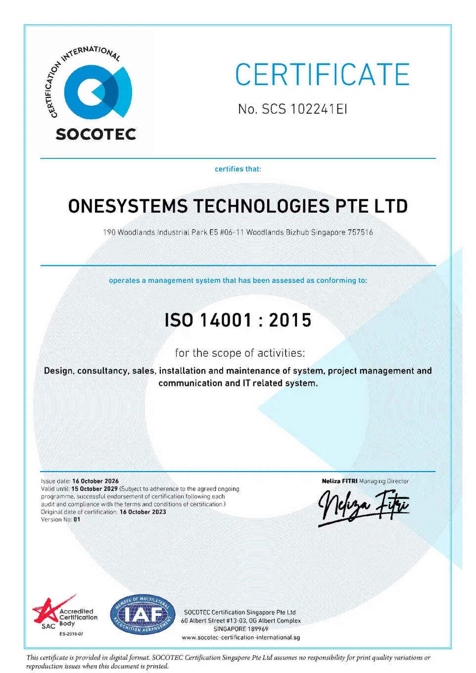OneSystems Technologies certified with ISO 14001:2015